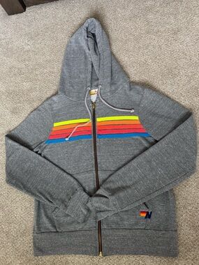 Aviator Nation Gray Zip-Up Hoodie Sweatshirt Neon 5 Stripe Sz S